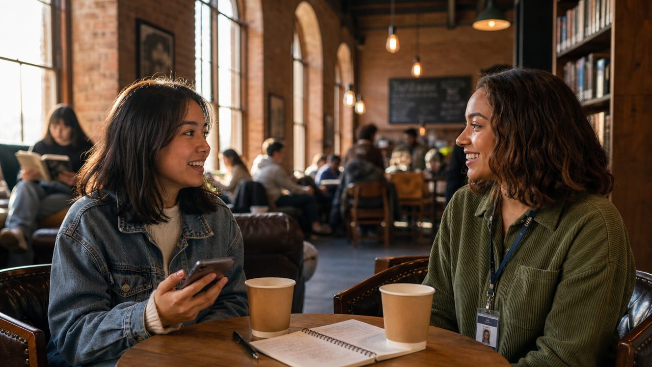 Two students meeting at a campus cafe