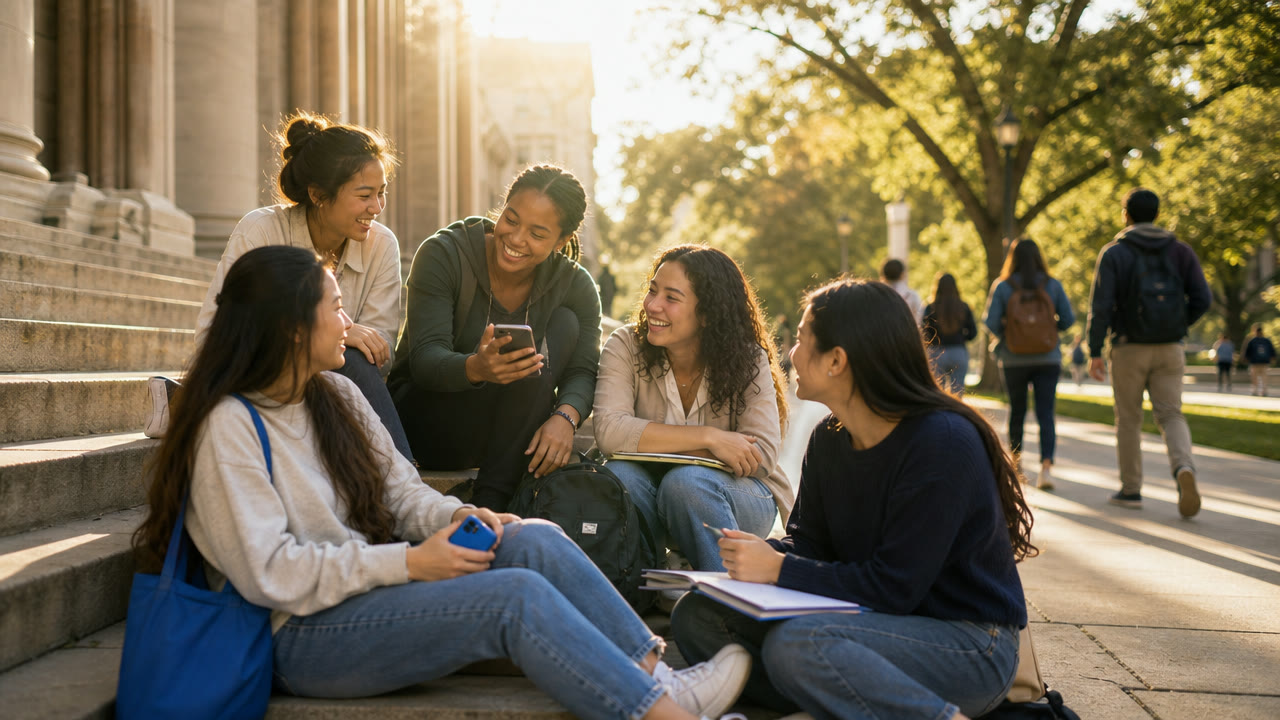 A group of diverse young women college students gathered on campus library steps at golden hour, one holding her phone