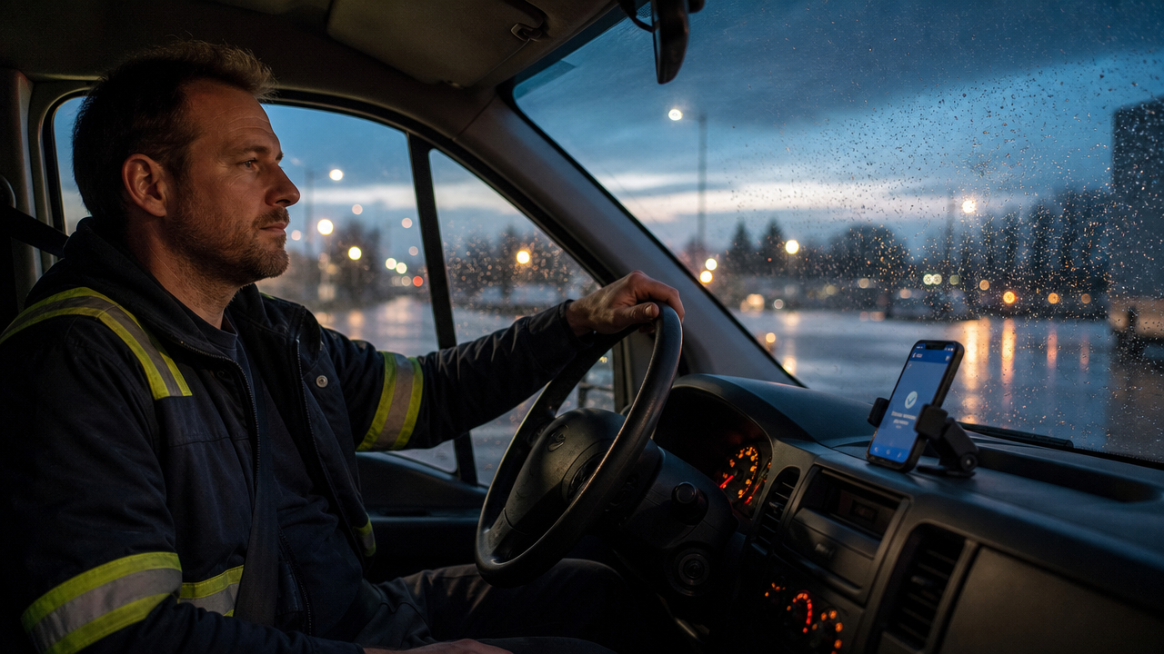 A lone field service technician at the wheel of a parked work van at dusk, rain on the windshield, glancing at a smartphone mounted on the dashboard