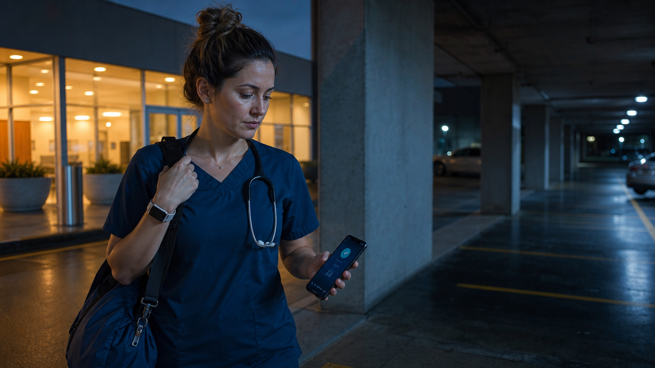 A lone field service technician at the wheel of a parked work van at dusk, rain on the windshield, glancing at a smartphone mounted on the dashboard