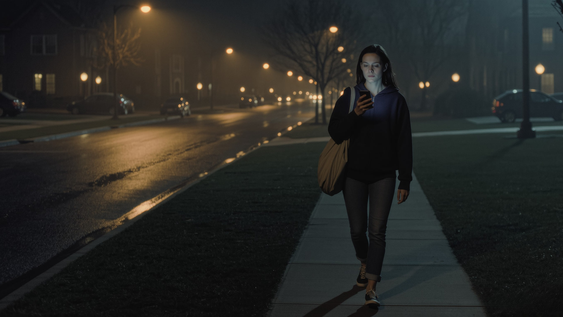 Woman walking alone at night, phone in hand