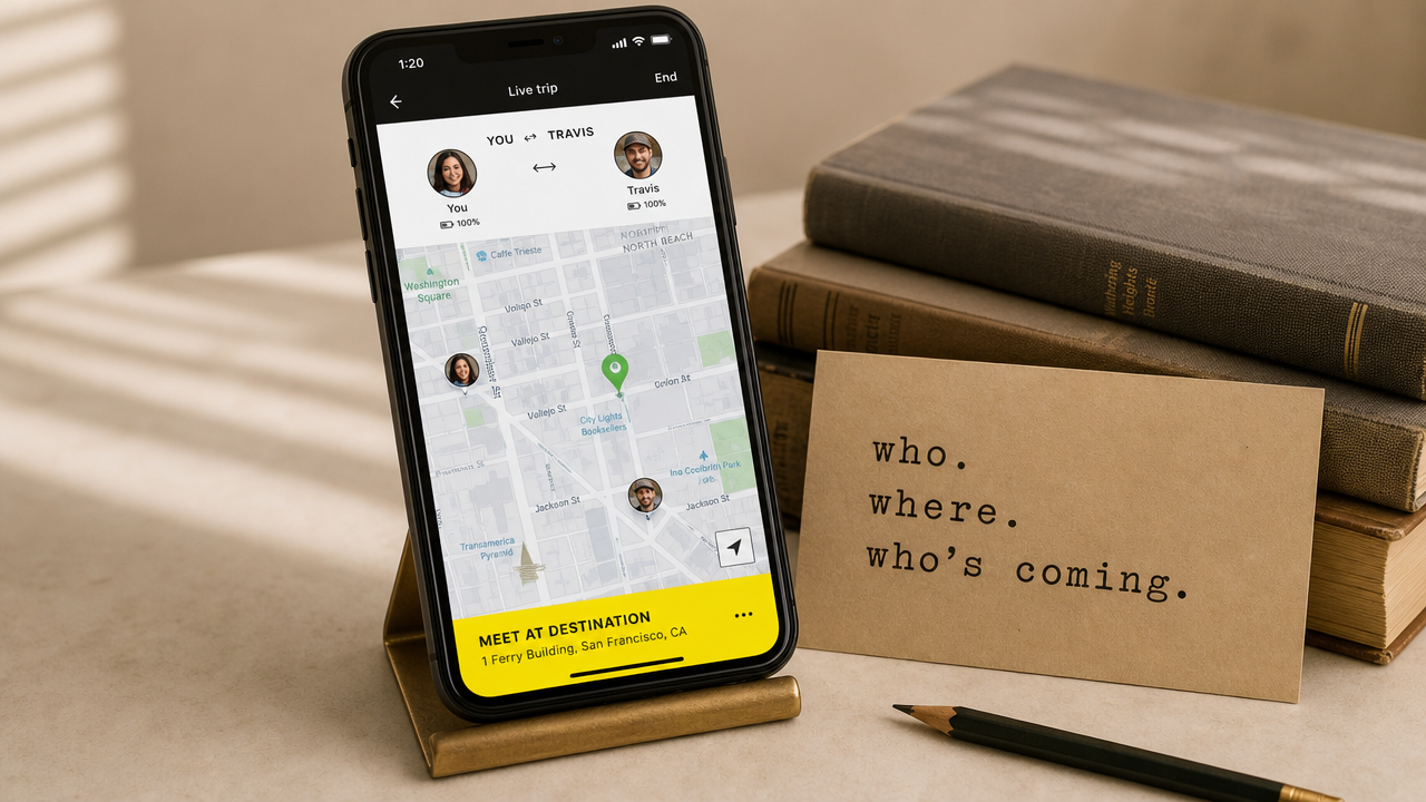 A smartphone on a brass stand showing the sidexside live-trip safety map with two named companions and a location pin, beside a typewritten notecard reading 'who. where. who's coming.'