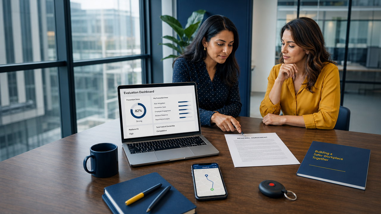 Women HR and safety leaders reviewing an employee safety vendor renewal with a smartphone safety platform, dashboard, contract, and retired hardware fob on the table