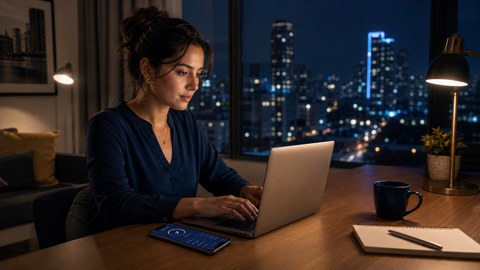 A professional woman working remotely at night from a hotel-room desk in an unfamiliar city with a phone safety check-in beside her laptop