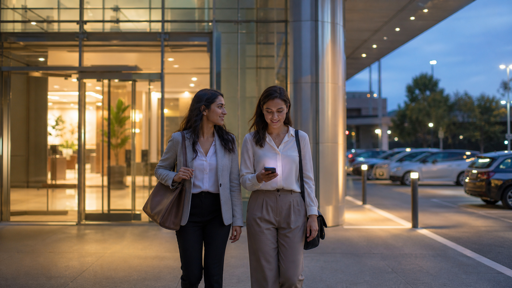 Two women colleagues walking together from a modern office lobby toward a well-lit parking area after work