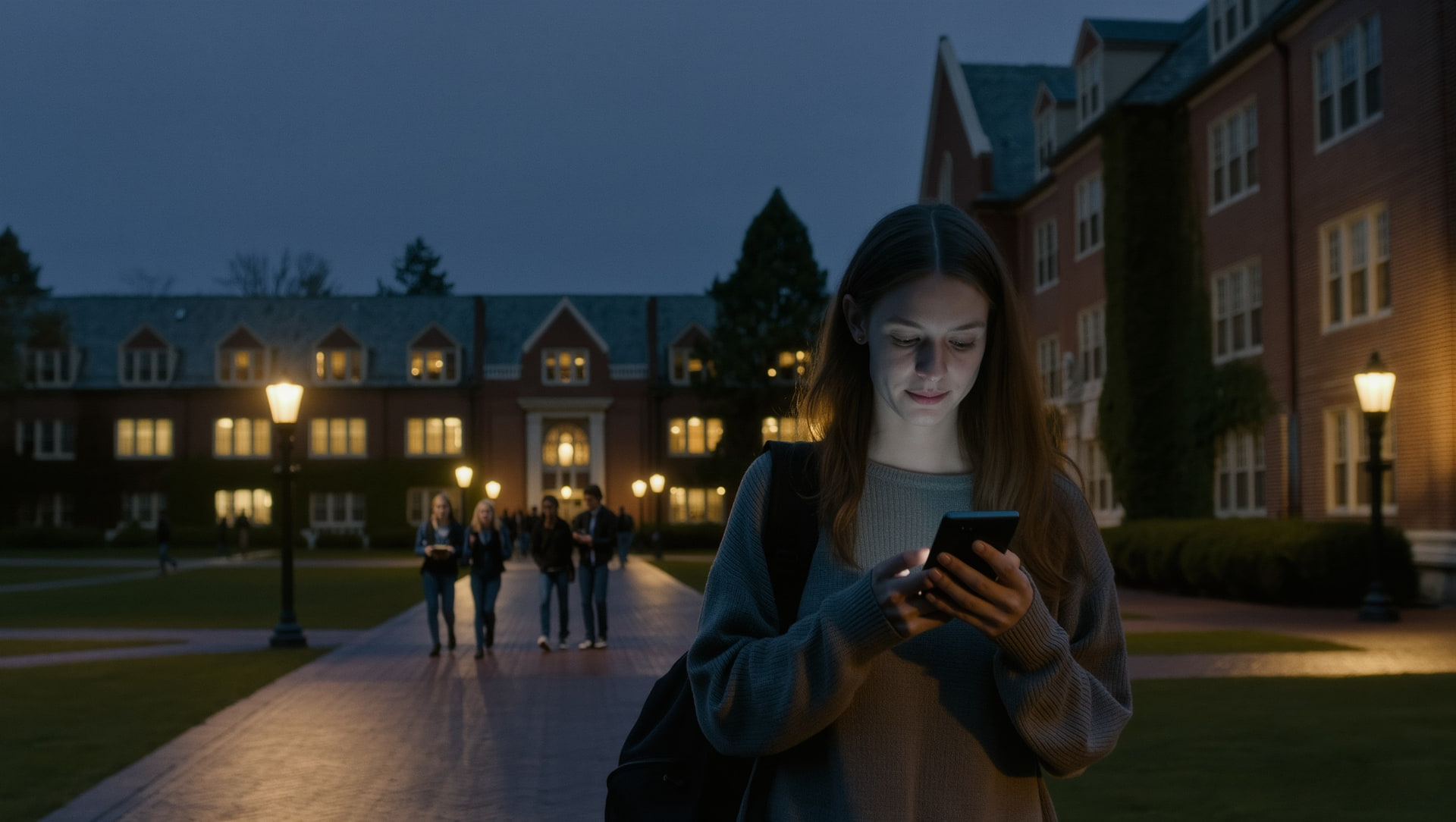 Student crossing a campus quad at dusk, phone in hand