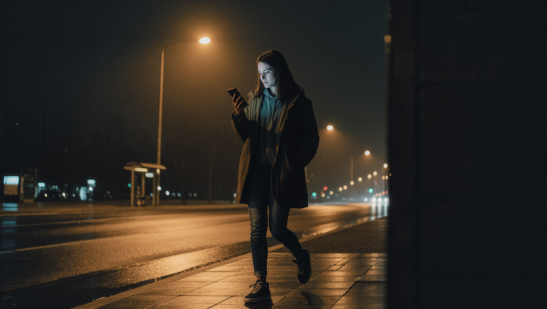 Woman walking alone at night with her phone