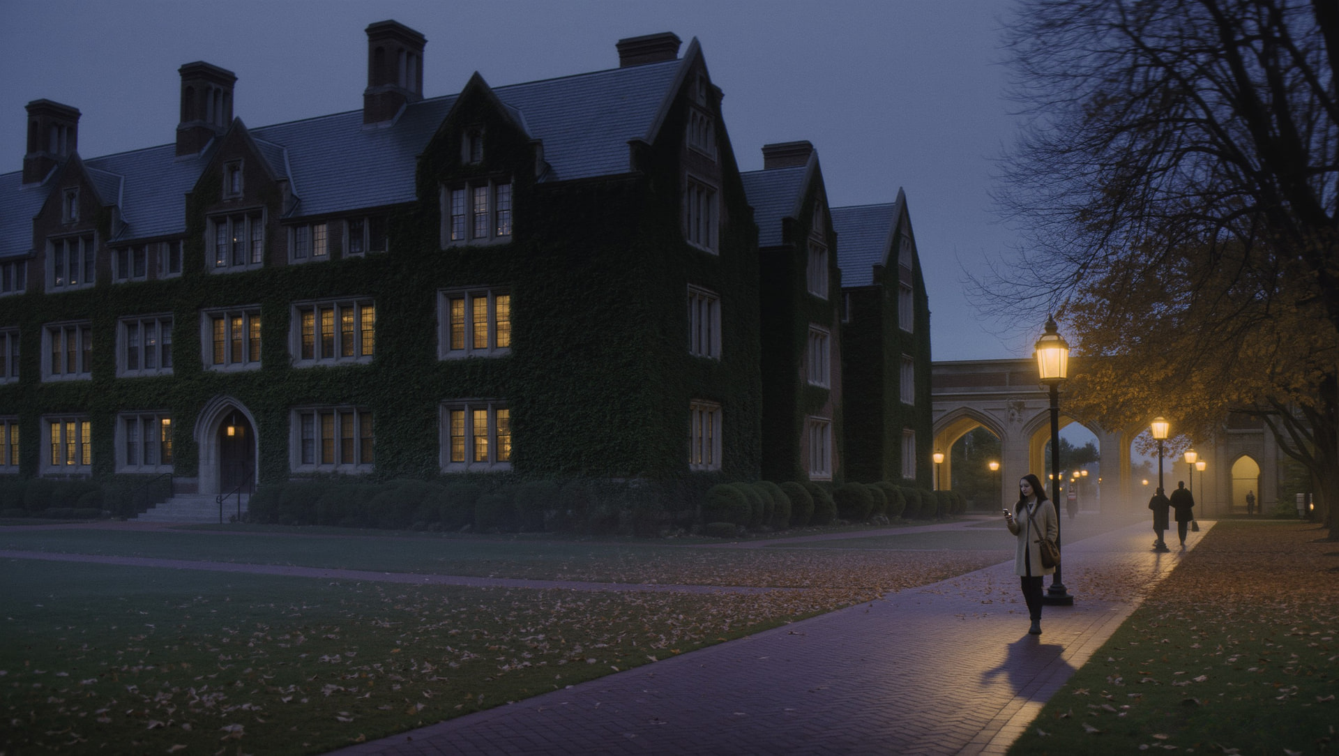 Student walking past a campus building at dusk