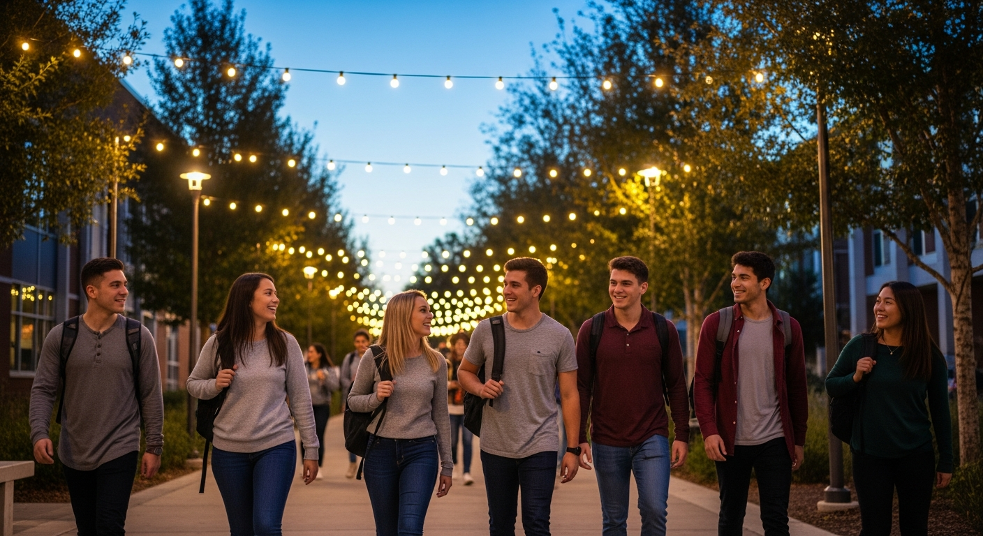 Students walking together safely on campus at dusk